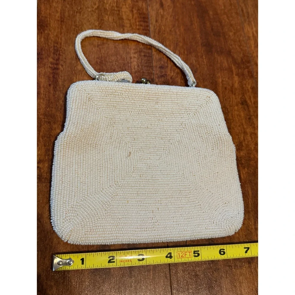 Vintage Cream Beaded Floral Evening Handbag Kiss Lock Bridal Clutch Bag